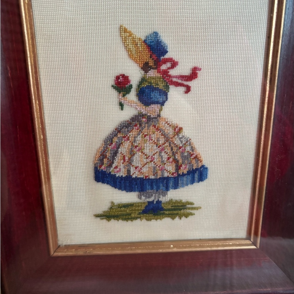 Vintage Petit Point Framed Fine Needlepoint Gilt Gold Wood Frame Victorian Girl